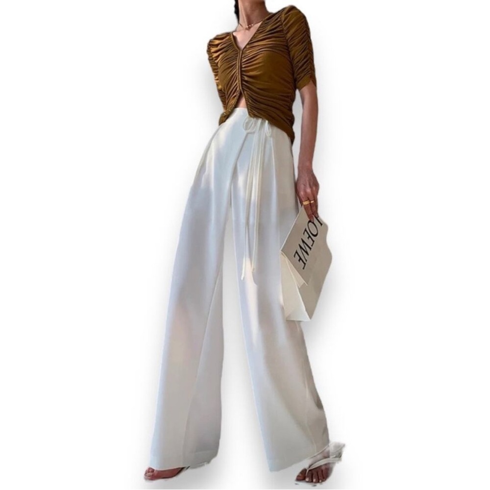 Commense Elegant White Wide-Leg Pants with Tie Front